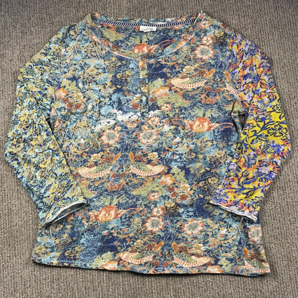 Sundance Floral Bird Henley Womens L Patchwork Boho Long Sleeve Lightweight